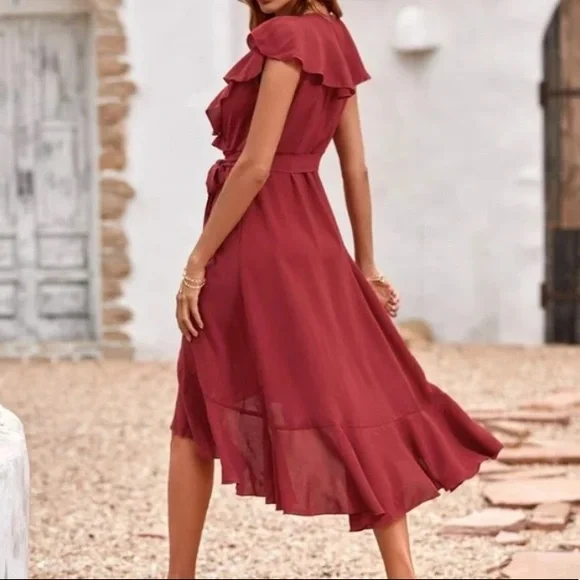 Boho pink ruffle hem wrap belted maxi dress - Picture 14 of 16